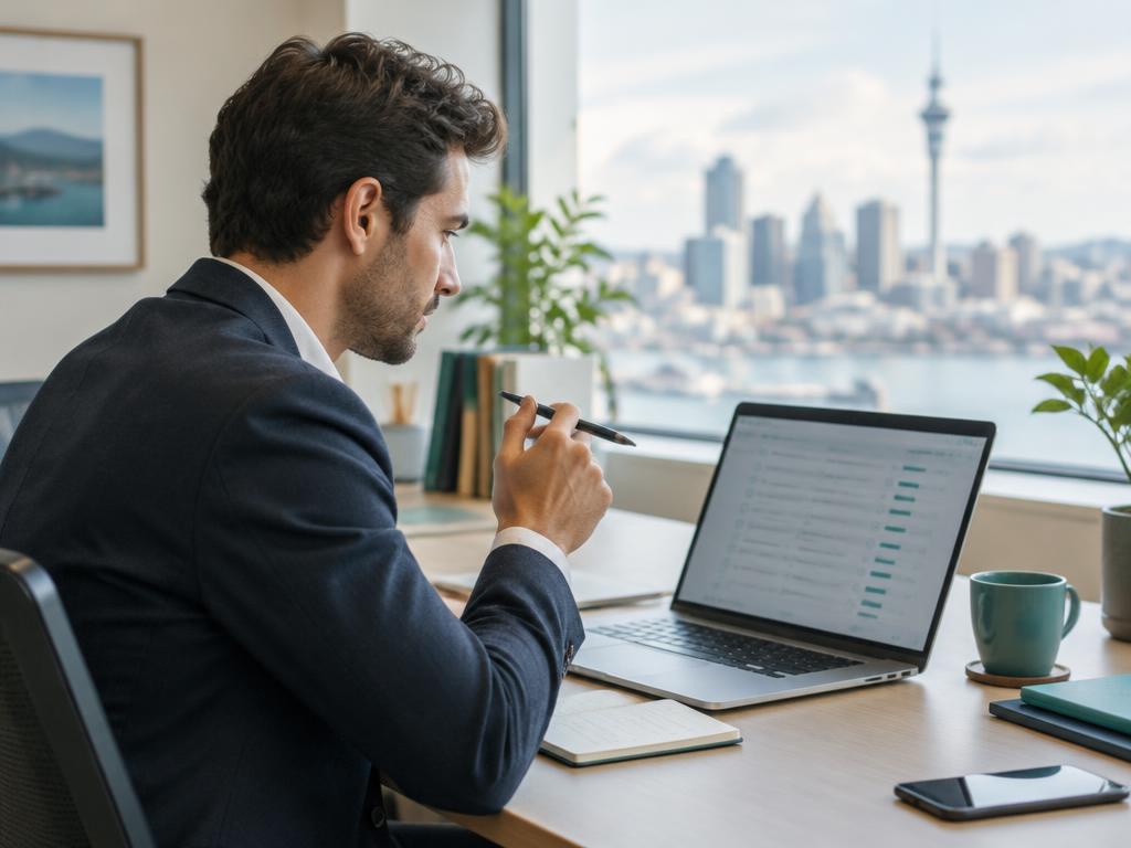An adviser reviewing qualified leads on a laptop in an Auckland office