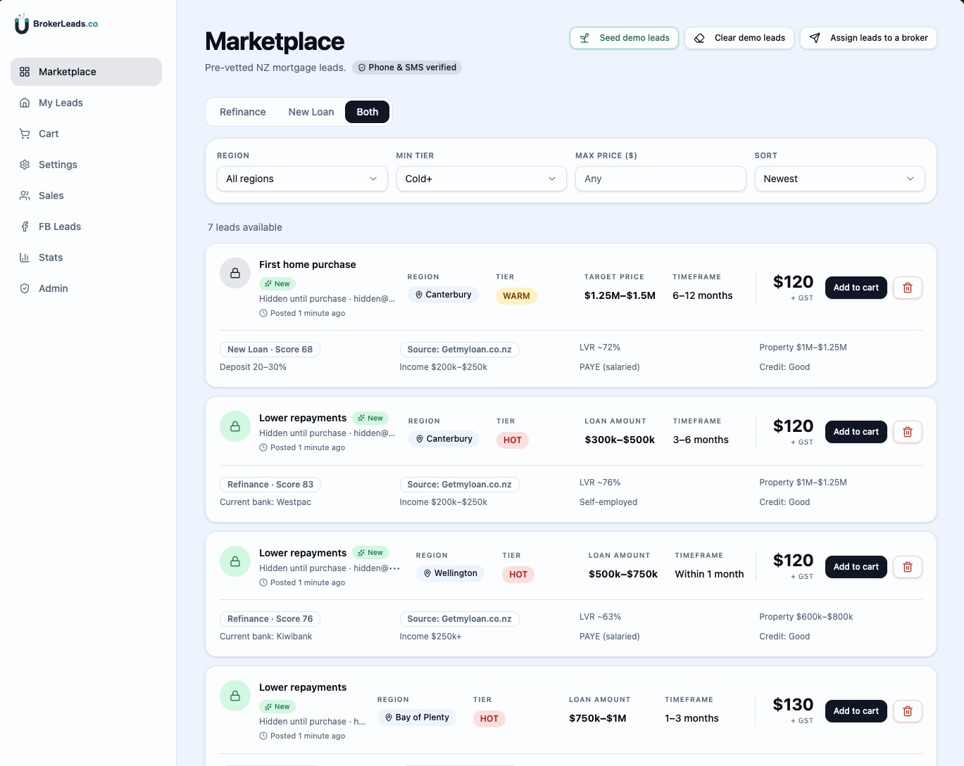 BrokerLeads marketplace preview showing verified mortgage leads with region, tier, loan amount and timeframe